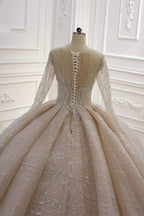 Gorgeous Long Ball Gown Bateau Crystal Wedding Dress with Sleeves by BIZTUNNEL
