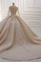 Gorgeous Long Ball Gown Bateau Crystal Wedding Dress with Sleeves by BIZTUNNEL