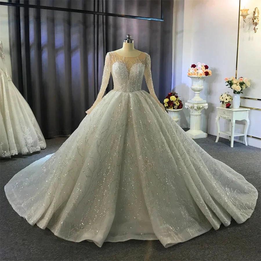 Gorgeous Long Ball Gown Bateau Crystal Wedding Dress with Sleeves by BIZTUNNEL