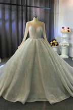 Gorgeous Long Ball Gown Bateau Crystal Wedding Dress with Sleeves by BIZTUNNEL