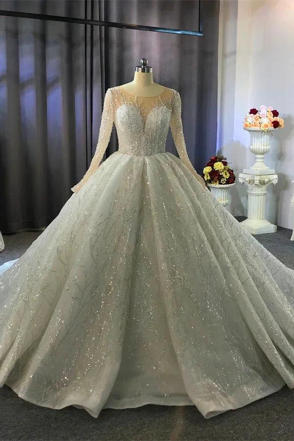 Gorgeous Long Ball Gown Bateau Crystal Wedding Dress with Sleeves by BIZTUNNEL