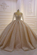 Gorgeous Long Ball Gown Bateau Crystal Wedding Dress with Sleeves by BIZTUNNEL