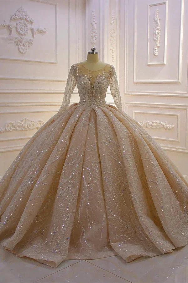 Gorgeous Long Ball Gown Bateau Crystal Wedding Dress with Sleeves by BIZTUNNEL