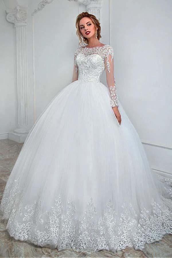 Gorgeous Long Ball Gown Jewel Tulle Lace Wedding Dress with Sleeves by BIZTUNNEL