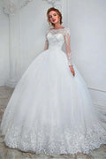 Gorgeous Long Ball Gown Jewel Tulle Lace Wedding Dress with Sleeves by BIZTUNNEL