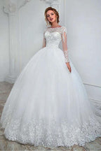 Gorgeous Long Ball Gown Jewel Tulle Lace Wedding Dress with Sleeves by BIZTUNNEL