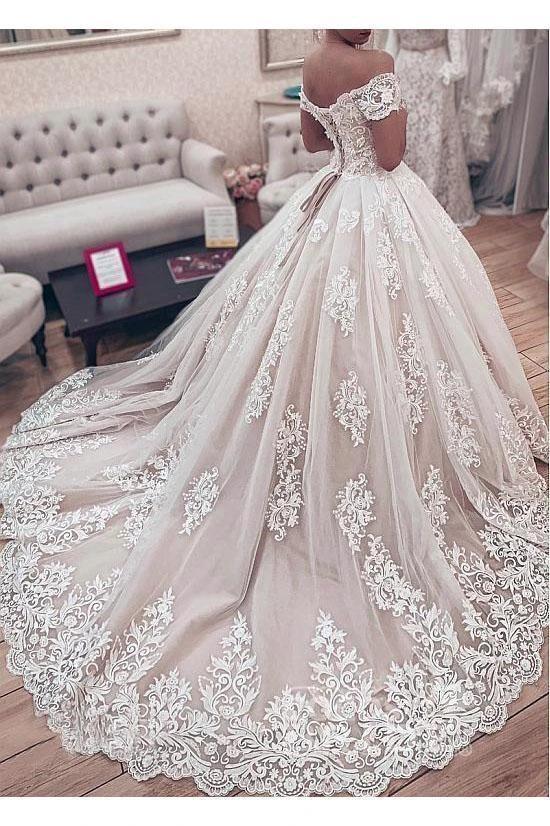 Gorgeous Long Ball Gown Off the Shoulder Lace Appliques Wedding Dress by BIZTUNNEL