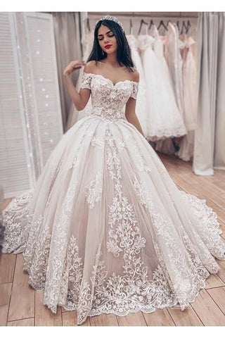 Gorgeous Long Ball Gown Off the Shoulder Lace Appliques Wedding Dress