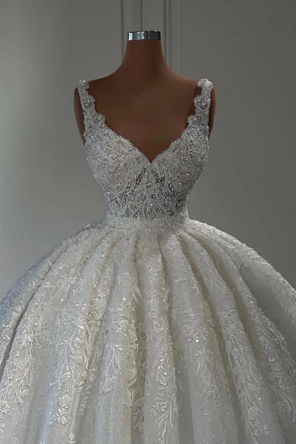 Gorgeous Long Ball Gown Sweetheart Sleeveless Lace Wedding Dress with Ruffles by BIZTUNNEL