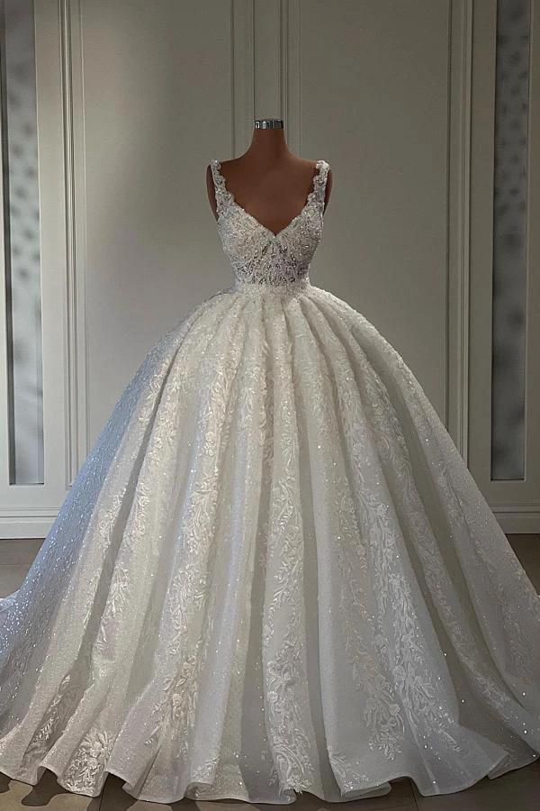 Gorgeous Long Ball Gown Sweetheart Sleeveless Lace Wedding Dress with Ruffles by BIZTUNNEL