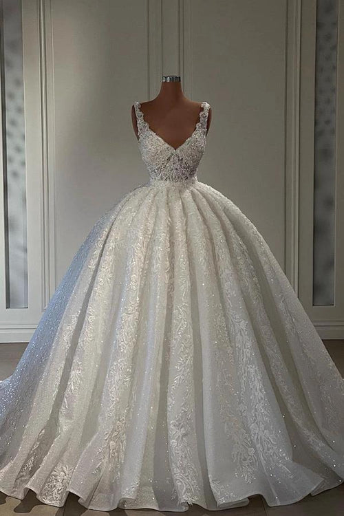Gorgeous Long Ball Gown Sweetheart Sleeveless Lace Wedding Dress with Ruffles by BIZTUNNEL