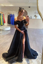 Gorgeous Long Black A-line Off-the-shoulder Beading Prom Dress With Slit by misshow.com