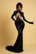 Gorgeous Long Black Mermaid High Neck Prom Dress With Long Sleeves by misshow.com