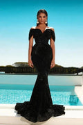 Gorgeous Long Black Mermaid Off-the-shoulder Prom Dress with Glitter by misshow.com