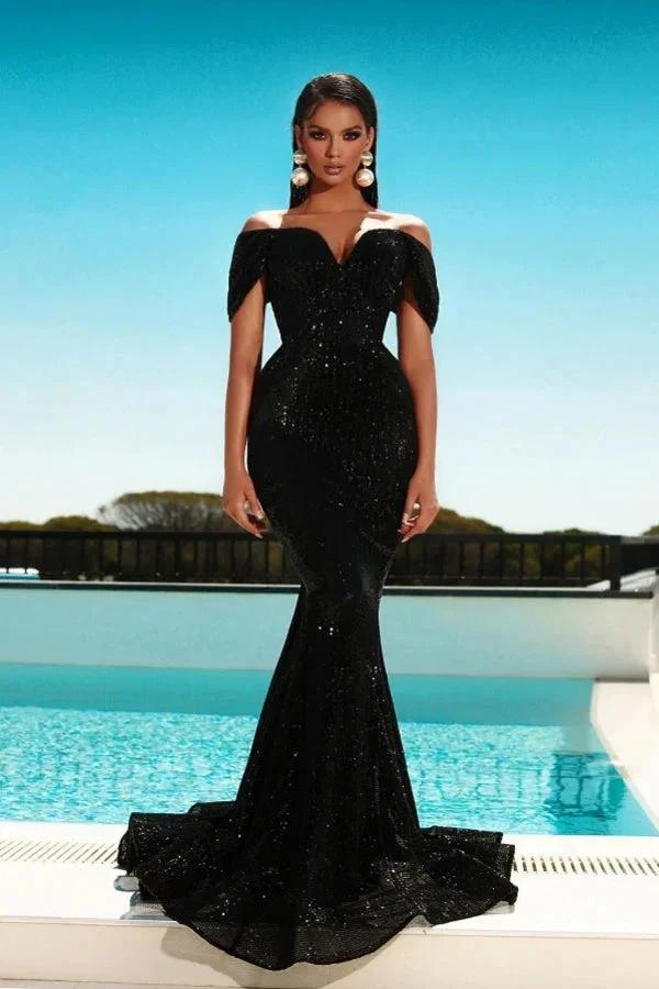Gorgeous Long Black Mermaid Off-the-shoulder Prom Dress with Glitter by misshow.com
