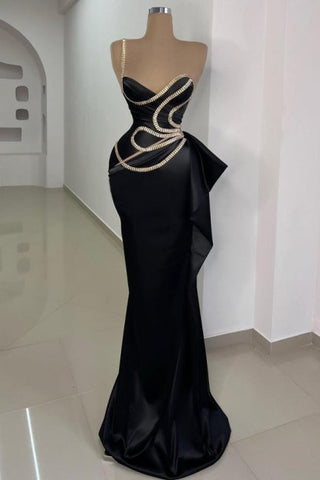Gorgeous Long Black Mermaid One Shoulder Sleeveless Prom Dress with Lace