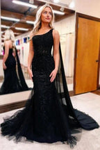 Gorgeous Long Black One Shoulder Mermaid Glitter Prom Dress With Lace by misshow.com