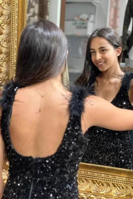Gorgeous Long Black V-neck Split Sleeveless Mermaid Evening Dresses With Glitter by misshow.com