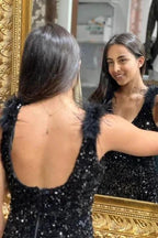 Gorgeous Long Black V-neck Split Sleeveless Mermaid Evening Dresses With Glitter by misshow.com