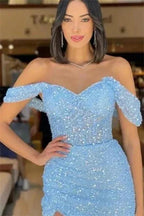 Gorgeous Long Blue Mermaid Off-the-shoulder Sequined Sleeveless Prom Dress With Slit by misshow.com