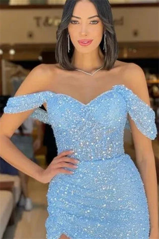 Wunderschönes langes blaues Meerjungfrau-Ballkleid mit schulterfreiem, ärmellosem Pailletten und Schlitz