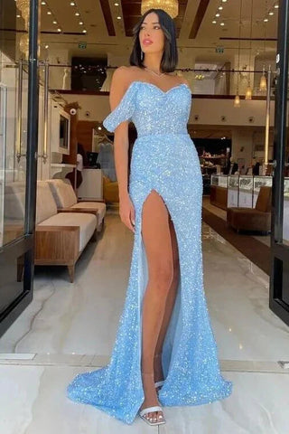 Wunderschönes langes blaues Meerjungfrau-Ballkleid mit schulterfreiem, ärmellosem Pailletten und Schlitz