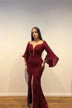 Gorgeous Long Burgundy Sequined Split Front Prom Dress With Long Sleeves by misshow.com