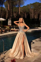 Gorgeous Long Champagne A-line Sleeveless Lace Satin Prom Dress with Slit by misshow.com