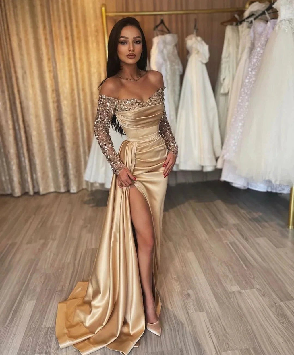 Gorgeous Long Champagne Off-the-shoulder Sequined Split Prom Dress With Long Sleeves by misshow.com
