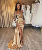 Gorgeous Long Champagne Off-the-shoulder Sequined Split Prom Dress With Long Sleeves by misshow.com
