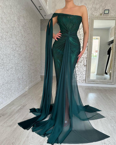 Hermosos vestidos de fiesta largos de sirena verde oscuro sin mangas con abertura