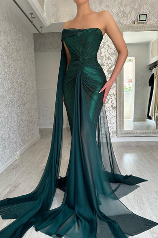 Hermosos vestidos de fiesta largos de sirena verde oscuro sin mangas con abertura
