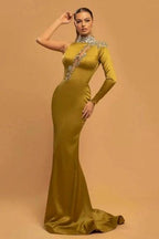 Gorgeous Long Gold Glitter High Neck Mermaid Evening Dresses With Sleeves by misshow.com