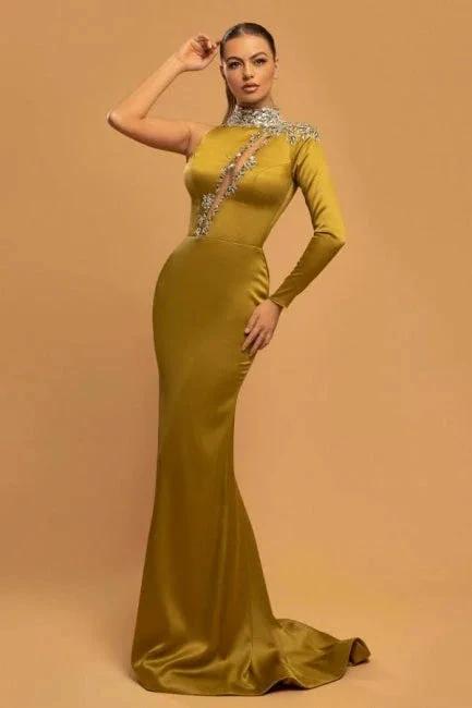Gorgeous Long Gold Glitter High Neck Mermaid Evening Dresses With Sleeves by misshow.com