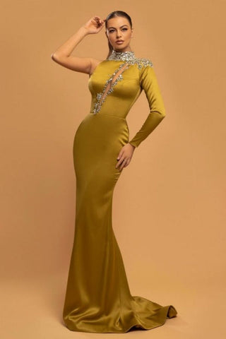 Gorgeous Long Gold Glitter High Neck Mermaid Evening Dresses With Sleeves