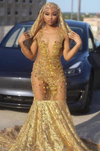 Gorgeous Long Gold Mermaid Lace Sleeveless Sexy Prom Dress by misshow.com