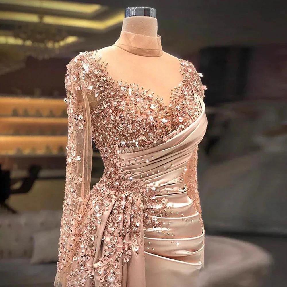Gorgeous Long High Neck Beading Sequined Prom Dress With Long Sleeves by misshow.com