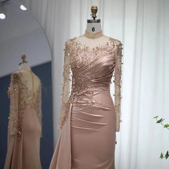 Gorgeous Long High Neck Beading Sequined Prom Dress With Long Sleeves by misshow.com