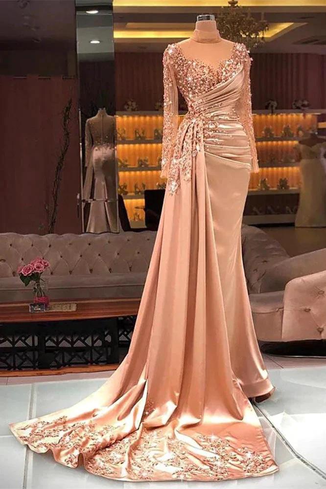 Gorgeous Long High Neck Beading Sequined Prom Dress With Long Sleeves by misshow.com