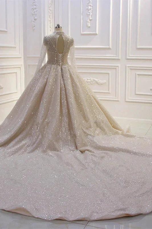 Gorgeous Long High neck Sequin Satin Ball Gown Wedding Dress with Sleeves by BIZTUNNEL
