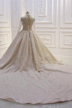 Gorgeous Long High neck Sequin Satin Ball Gown Wedding Dress with Sleeves by BIZTUNNEL