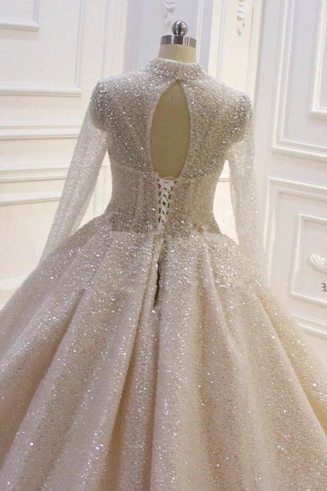 Gorgeous Long High neck Sequin Satin Ball Gown Wedding Dress with Sleeves by BIZTUNNEL
