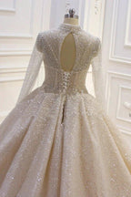 Gorgeous Long High neck Sequin Satin Ball Gown Wedding Dress with Sleeves by BIZTUNNEL
