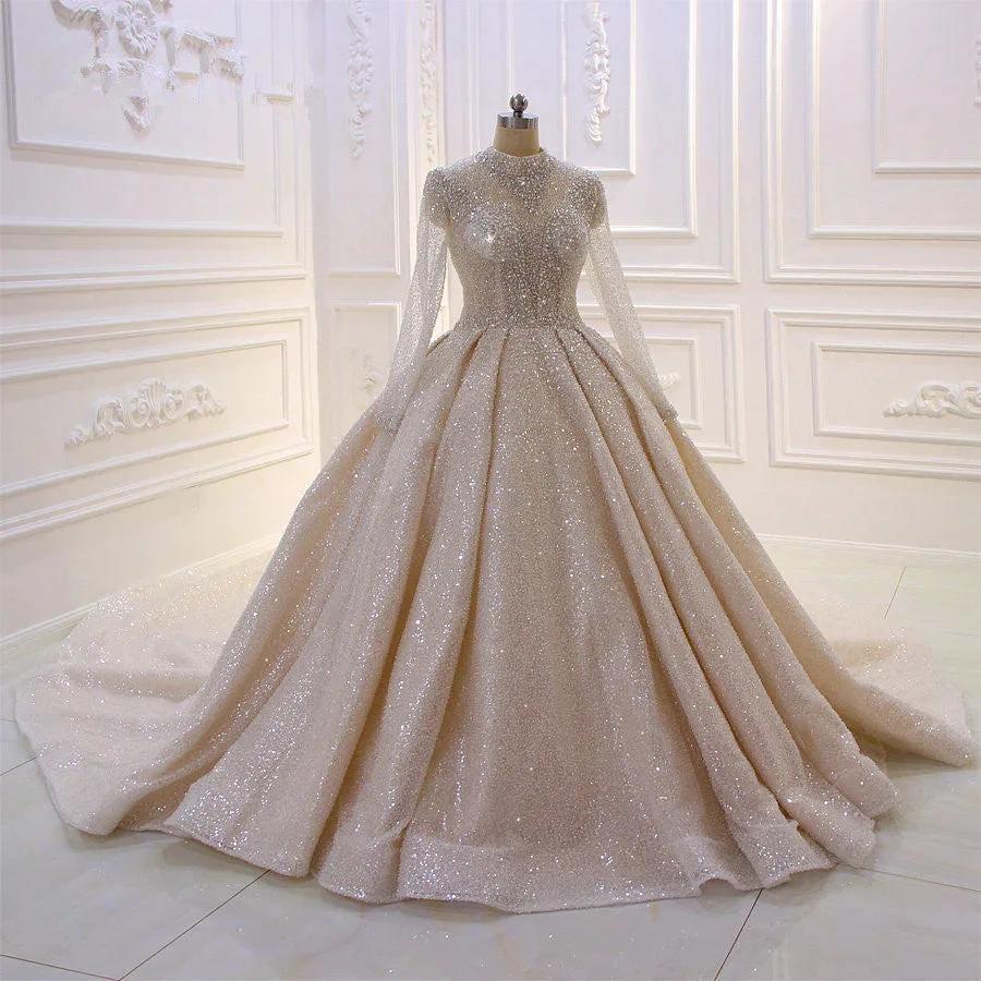 Gorgeous Long High neck Sequin Satin Ball Gown Wedding Dress with Sleeves by BIZTUNNEL