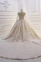 Gorgeous Long High neck Sequin Satin Ball Gown Wedding Dress with Sleeves by BIZTUNNEL