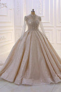 Gorgeous Long High neck Sequin Satin Ball Gown Wedding Dress with Sleeves by BIZTUNNEL