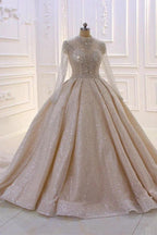Gorgeous Long High neck Sequin Satin Ball Gown Wedding Dress with Sleeves by BIZTUNNEL