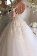 Gorgeous Long Ivory A-line Tulle Lace Wedding Dresses with Sleeves by BIZTUNNEL