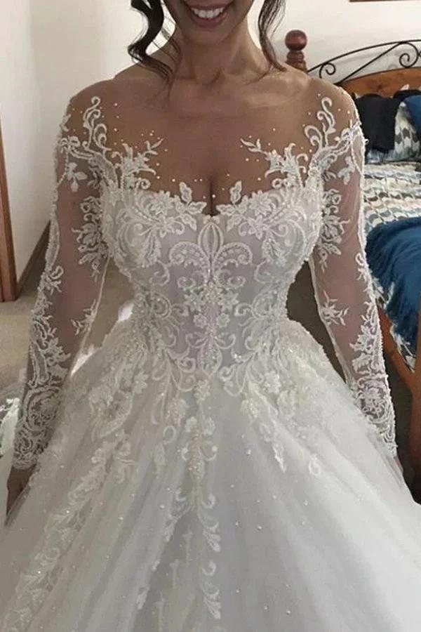 Gorgeous Long Ivory A-line Tulle Lace Wedding Dresses with Sleeves by BIZTUNNEL