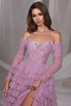 Gorgeous Long Lilac A-line Off-the-shoulder Sequined Tulle Prom Dress with Slit by misshow.com